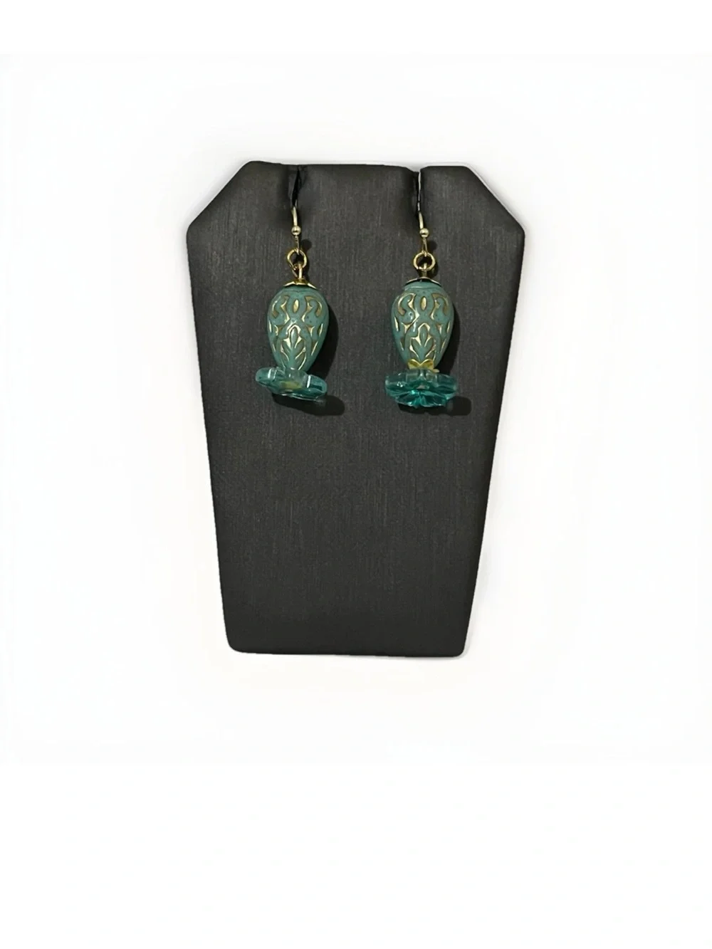 Artisan Handmade Aqua Teal Bead Boho Earrings Gold Filigree Etched Floral